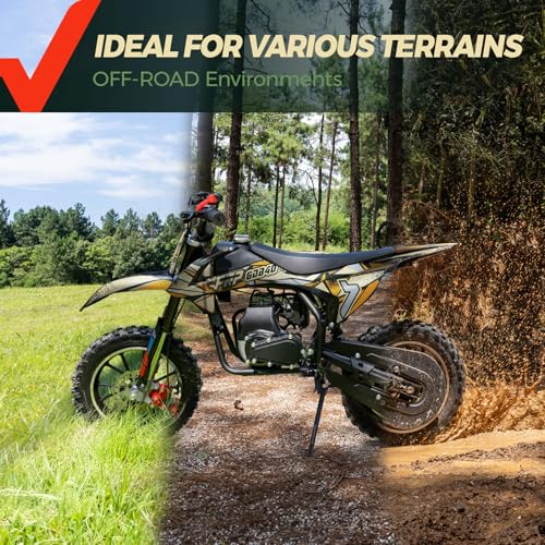 Image of FRP FX40-Ogemaw Teens Dirt Bike, 40CC 4-Stroke Gas Powered Mini Dirt Bike with Goggles /Neck Gaiter /Gloves, 20 MPH Max Speed, Dual Disc Brakes, 132 LBS Capacity - Yellow