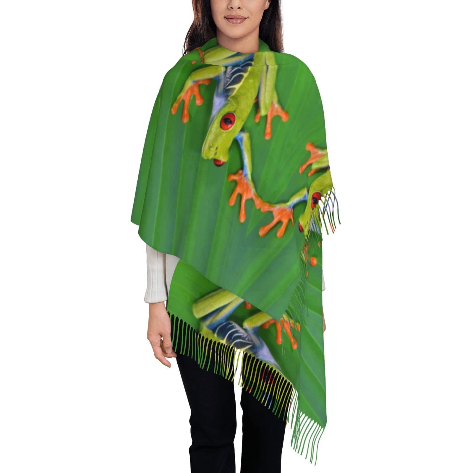 Aseelo Unisex Animal Frog Green Leaf Leaves Women Scarf - Winter Long Pashmina Scarves Warm Wraps Ladies Tassel Stole Blanket