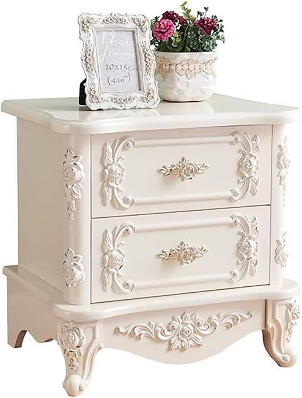 French Country Nightstand with 2 Drawers Vintage Carved Wooden Bedside Table Narrow End for Small Space, Accent Furniture Bedroom Living Room Gold Accents(Outline in Silver)