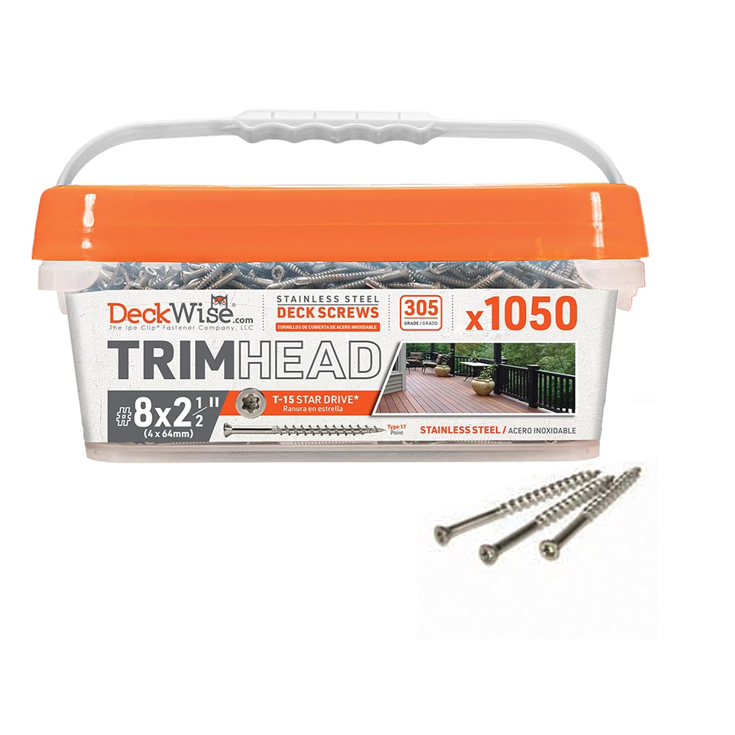DeckWise #8x2-1/2 Stainless Steel Trim-Head Deck Screws, T15 Head, Covers 250 Sq. Ft. of Decking (1050 Pack)
