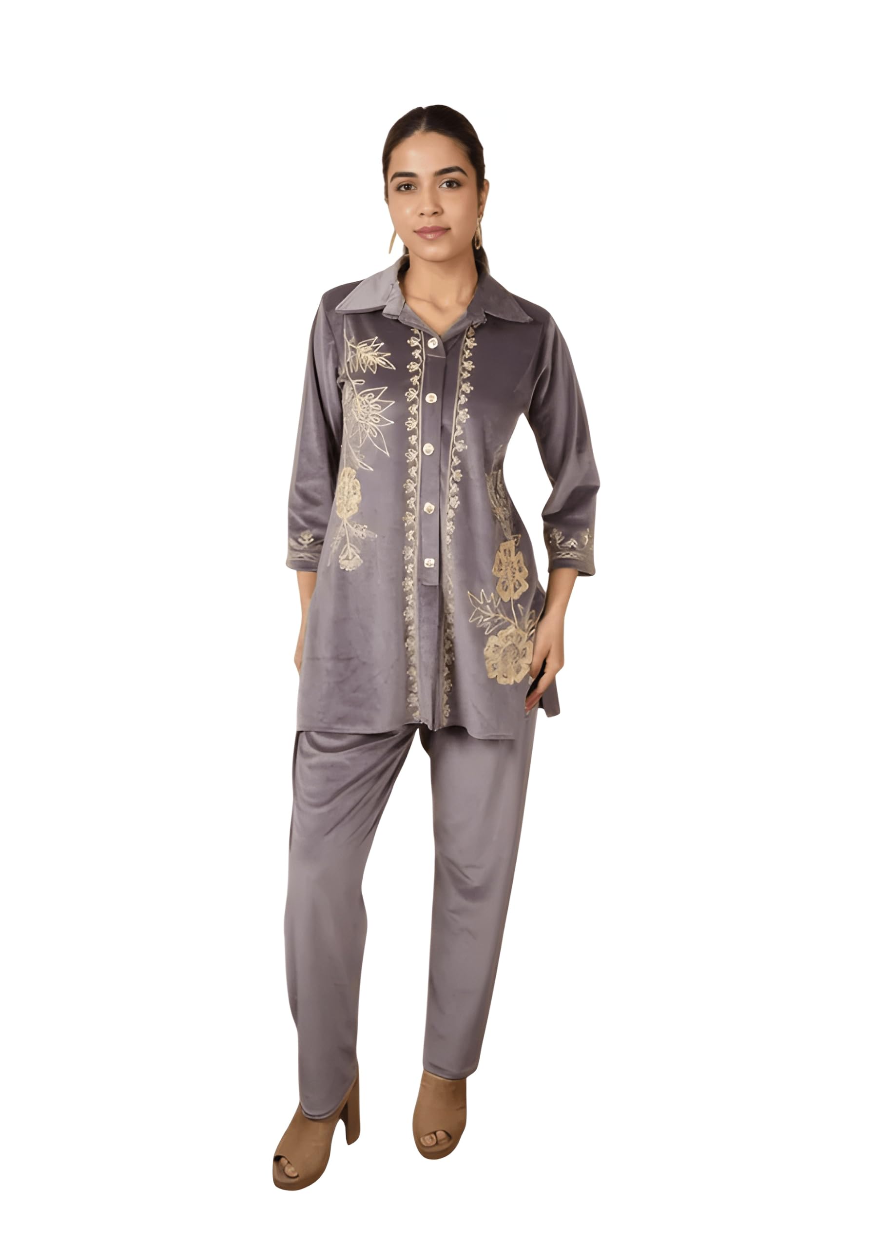 Women's Velvet Shirt and Trouser Set, Grey, Free Size, Supersoft Stretchable Fabric, with Full Embroidery Work, Set of 2-picture-31