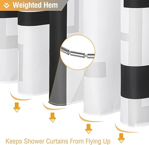 Miniatura 5 de BTTN Cortina de ducha de tela extralarga, 72 x 84 pulgadas de largo, juego de cortina de ducha de tela geométrica impermeable con 12 ganchos,