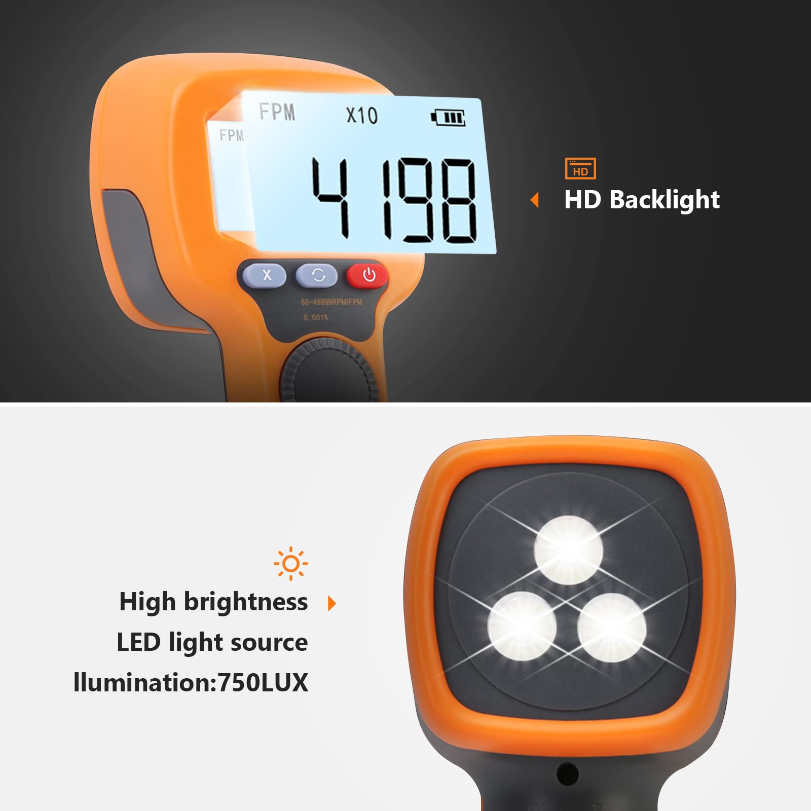 Stroboscope numérique à LED Techomètre stroboscopique sans contact mesurant 60 à 49 999 tr/min Compteur de vitesse portable Hz Testeur de vitesse Précision 0,001% Flash LED rechargeable