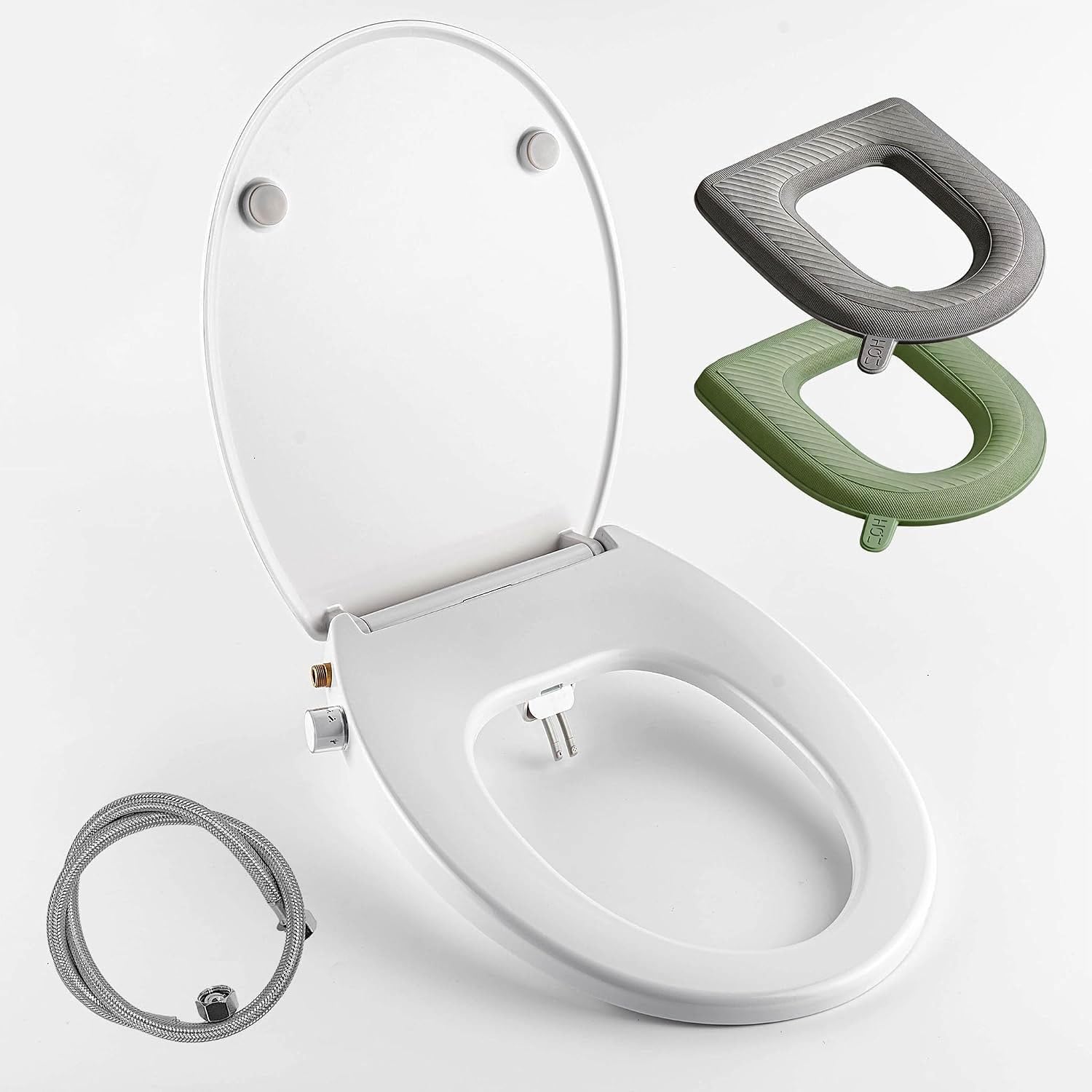 Abattant WC Japonais Forme O, Siège de WC Lavant Lunette de Toilette non Électrique à Double Buse et Fermeture Amortie et 2 Coussins de Siège de WC à Dégagement Rapide