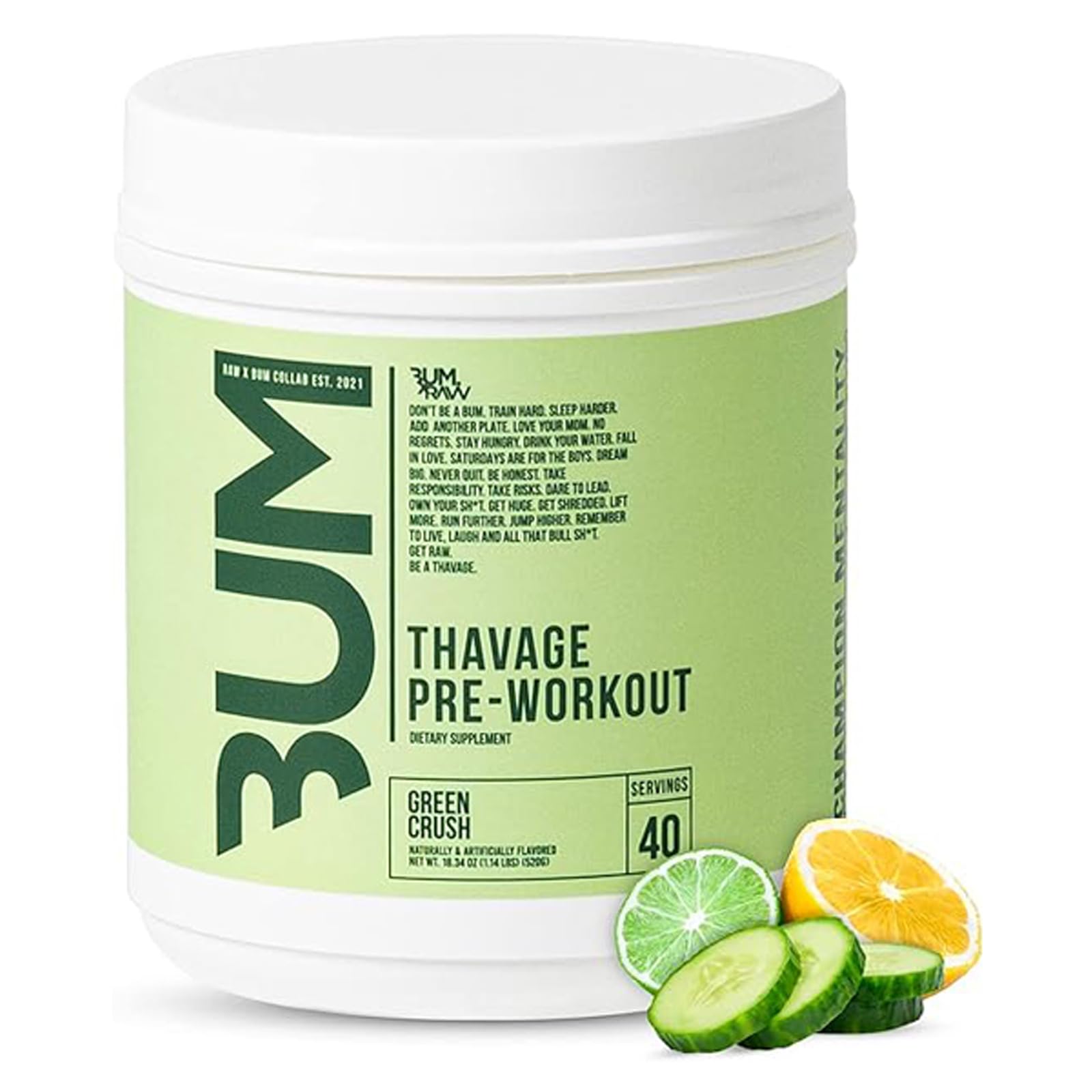 RawPre Workout Powder, Thavage - Chris Bumstead Sports Nutrition Supplement for Men & Women - Cbum Preworkout for POWER & PUMP, Hydration, Mental Focus & Energy - 40 Servings (Green Crush)