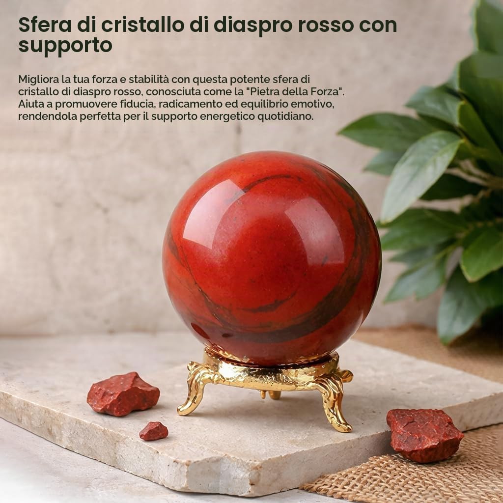 Crocon Sfera di cristallo di diaspro rosso con sfera di pietre preziose con supporto Sfera curativa Scultura Figurina per Fengshui Divinazione Decorazione per la casa Fotografia Dimensioni: 50-60mm