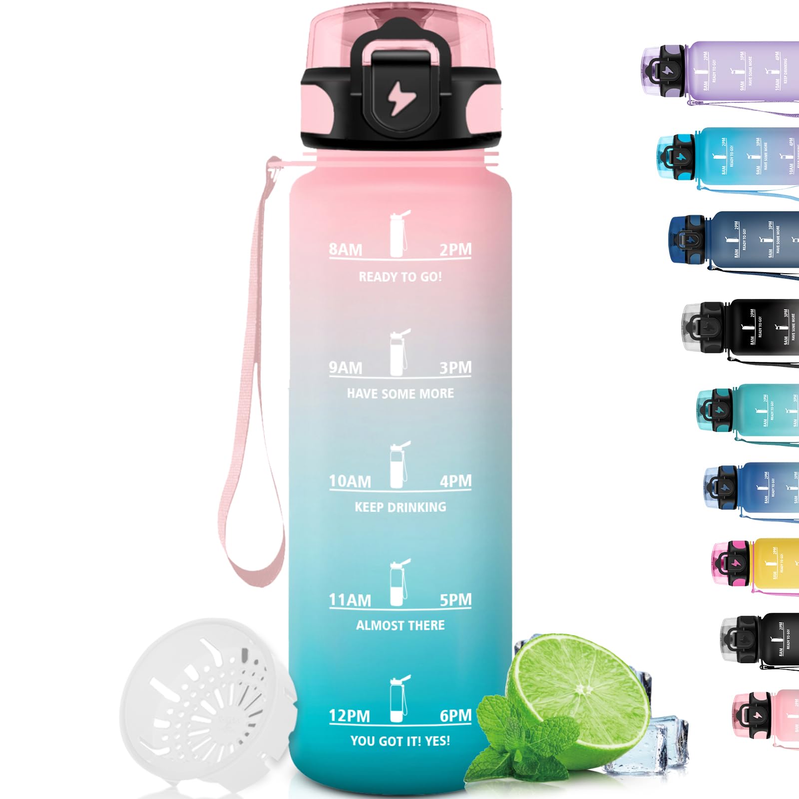Grsta1 Litre Sports Water Bottle with Filter, Leak-Proof, Easy to Clean, Water Bottle with Time Marking, Water Bottle for Fitness, School, Camping, Outdoor, Pink-Cyan