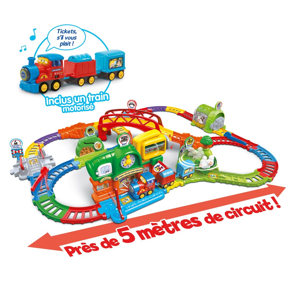 VTech - Tut Tut Bolides Super Circuit Train Éducatif - Circuit Voiture Enfant Électronique avec Adam Train Marchand, 6 Zones Magiques - Cadeau Garçon et Fille de 1 an à 5 Ans - Contenu en Français