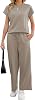 Famulily Tracksuit Womens Full Set Crew Neck Pleated Top & Elastic Wide Leg Pants Summer 2 Piece Outfits with Pockets S-XXL