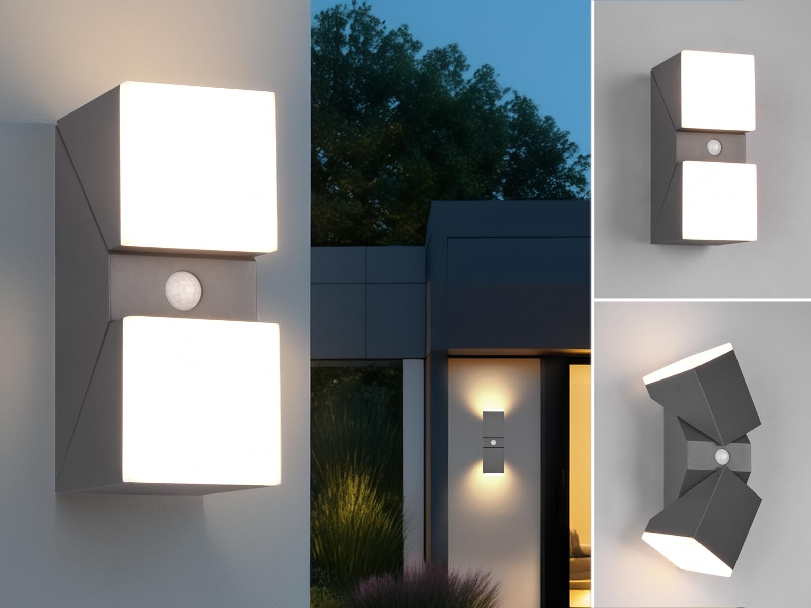 2-er Set LED Außenwandleuchten mit Bewegungsmelder, Anthrazit H: 28cm