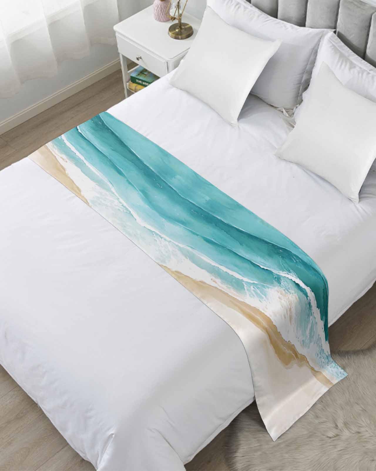 DecorLovee Teal Waves Coastal Bed Runners for Twin Size Bed, Decorative Bed Throws for Foot of Bed, Summer Beach Nautical Ocean Bed Runner Sofa Throw Bedding Scarf Protector Slipcover for Bedroom