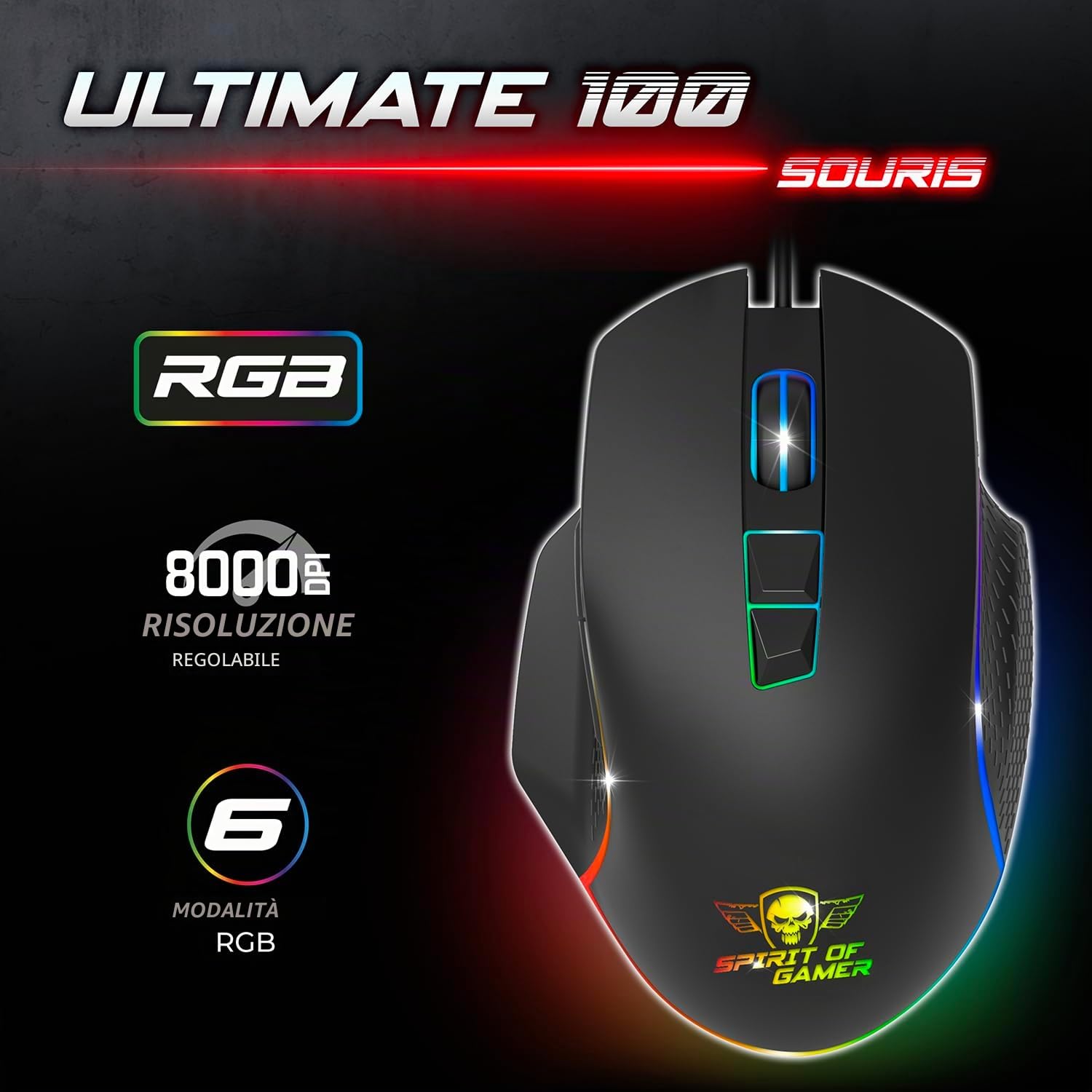 Spirit of Gamer - Ultimate 100, Pack Tastiera Mouse Gamer 4in 1 cablata RGB, Cuffie Gaming & Tappetino in tessuto, Tastiera semi-Meccanica AZERTY FR, 6 Tasti Anti-Ghosting, Mouse Gamer 7 Pulsanti 8000