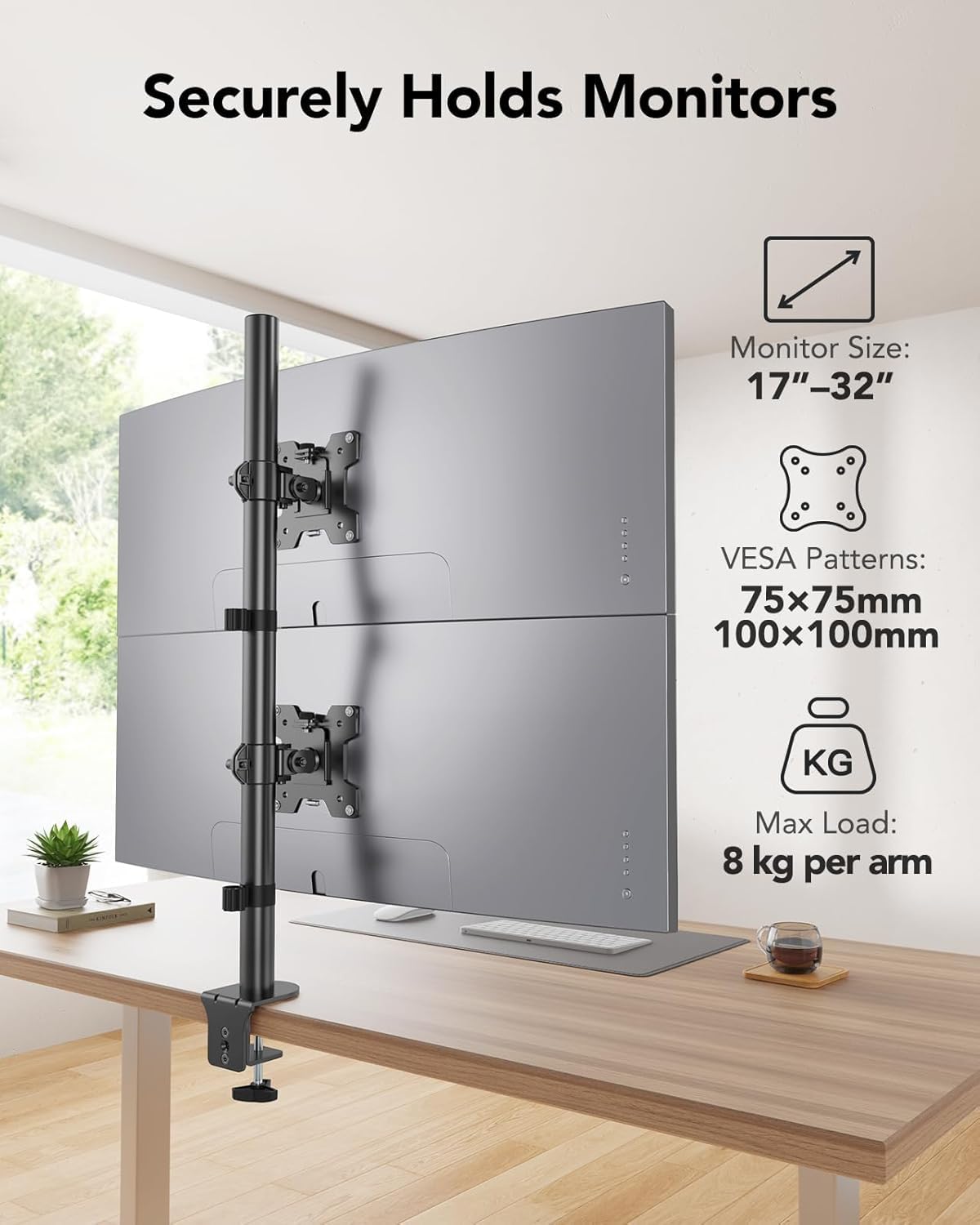 HUANUO vertikale Monitor Halterung 2 Monitore, stapelbare Monitor Halterung mit Höhenverstellung, Bildschirmhalterung 2 Monitore stützt Zwei 17 bis 32 Zoll mit C-Klemme, Jede kann bis zu 8kg tragen