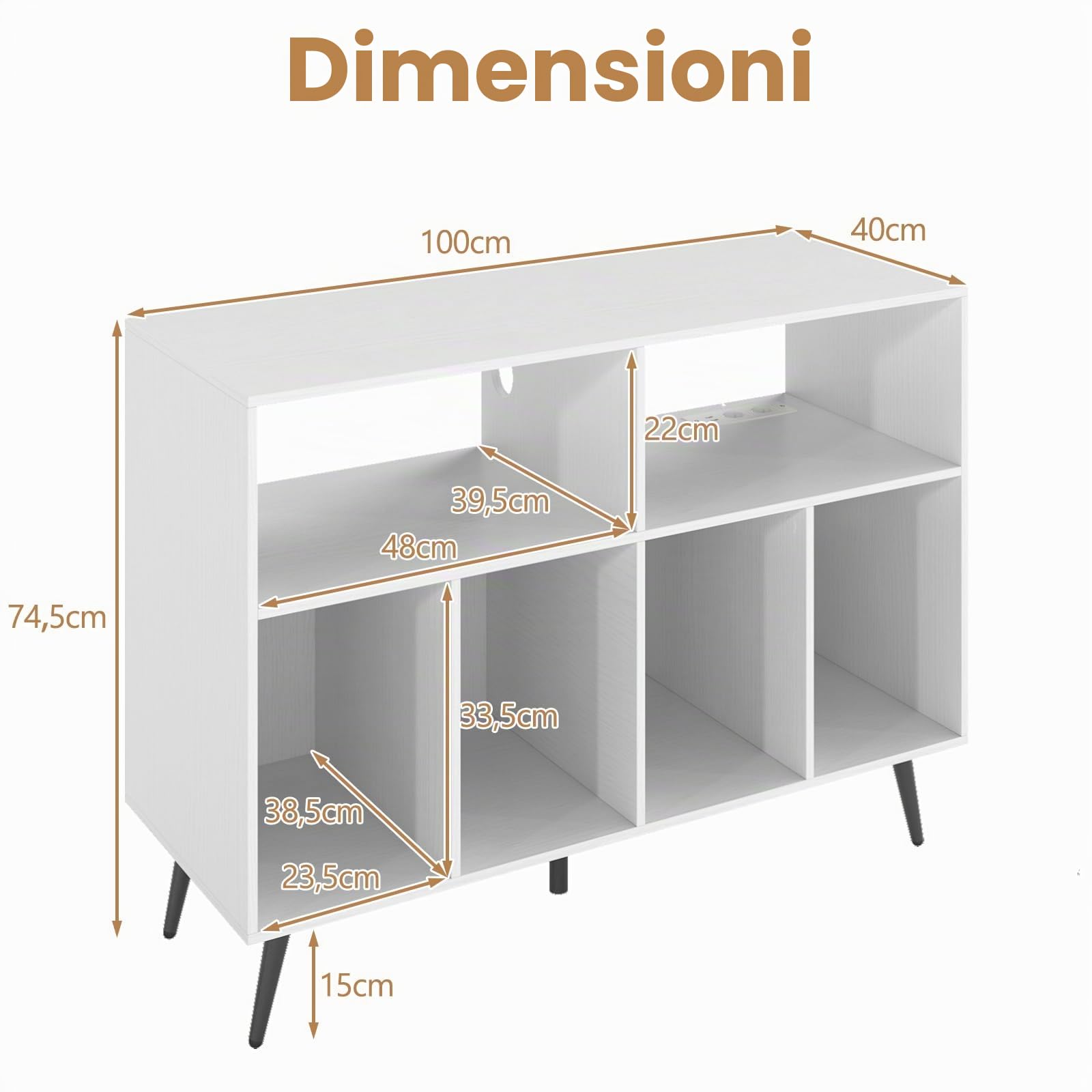 KOMFOTTEU Supporto per Giradischi a 3 Livelli, Mobile Vinili con 4 Scomparti e 2 Ripiani Aperti, Espositore per Dischi con 5 Gambe in Metallo (Con Stazione di Ricarica, Bianco)