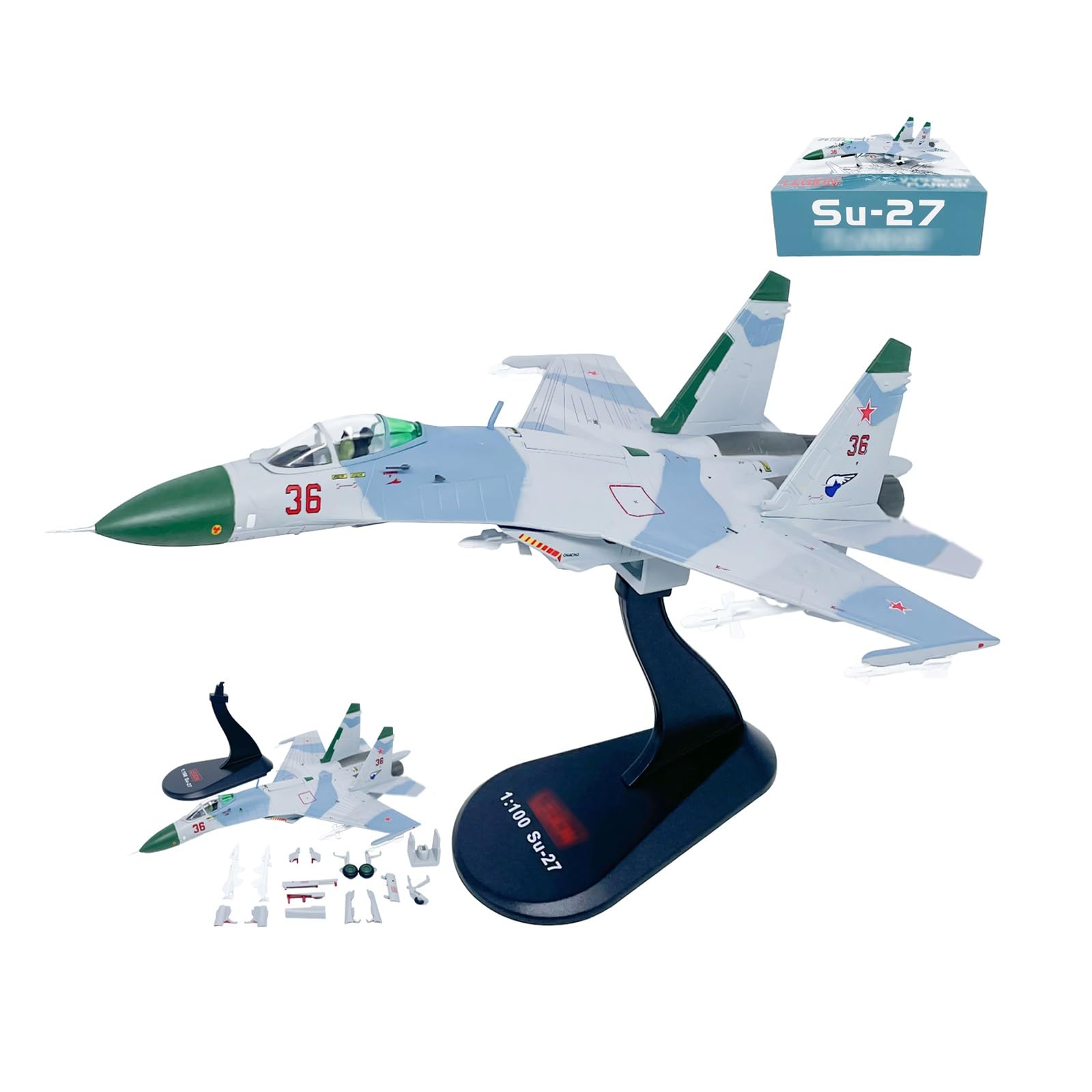 Caccia russo SU-27 in scala 1:100, modello aereo caccia militare lega pressofusa, aereo preassemblato collezione con espositore, decorazione realistica for desktop, for adulti, appassionati
