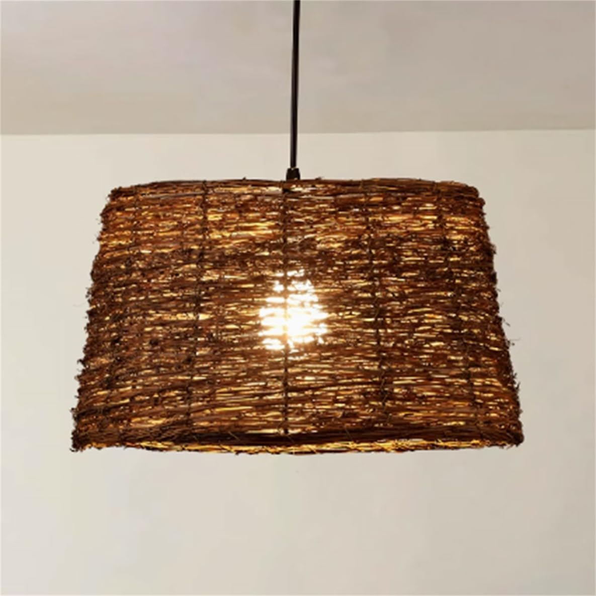 CSSYKV Brown Rattan Basket Metal Lamp Shade Vintage Sunroom Decor Chandelier Country Style Rattan Lighting Japanese Wabi-sabi Lantern Fixtures for Dining Room Bedroom Kitchen Island 1-Pack