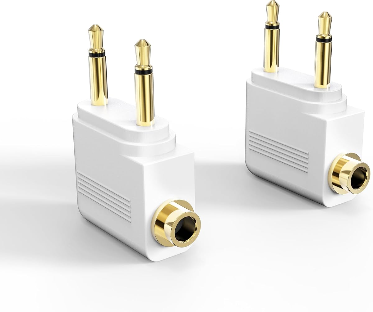 MEE Audio Airplane Headphone Adapter for in-Flight Entertainment Systems - Dual 3.5mm Male to 3.5mm Female - Works with Headphones, Headsets, and Bluetooth Adapters (2 Pack), White