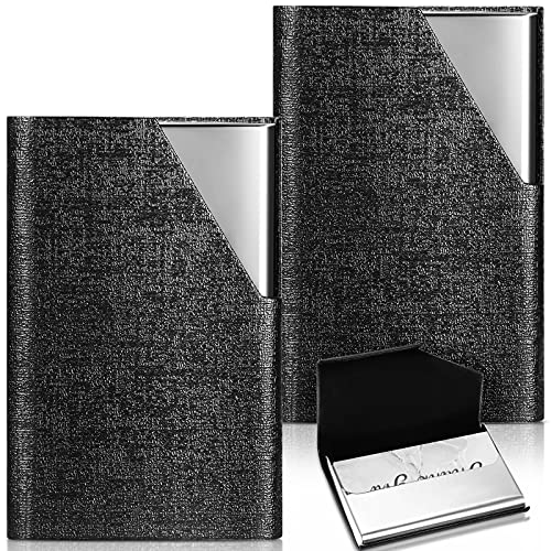 2 Pieces Metal Business Card Holder PU Leather Stainless Steel Card Case Waterproof Dust-Proof Business Name Card Holder Name Card Business Card ID Card Holder for Men and Women, Black