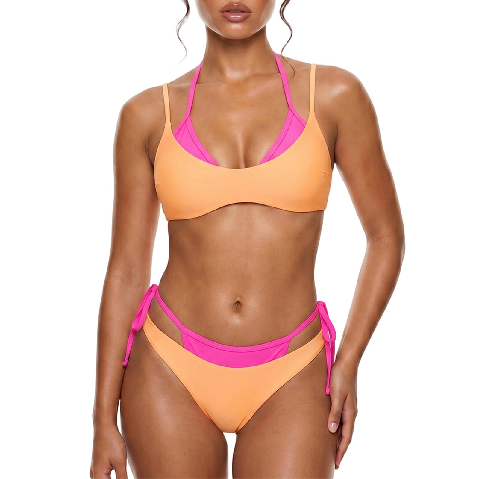 Sexy outfit Damski komplet bikini typu stringi wiązany na szyi Dwuwarstwowy strój kąpielowy z blokiem kolorów, wiązany po bokach na imprezę przy basenie na plaży