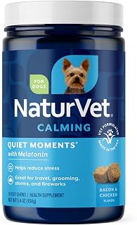 NaturVet Quiet Moments Calming Dog Chews with Melatonin - Stress Relief for Storms, Fireworks, Vet Visits & Travel, Bacon Chicken Flavor 70 Ct
