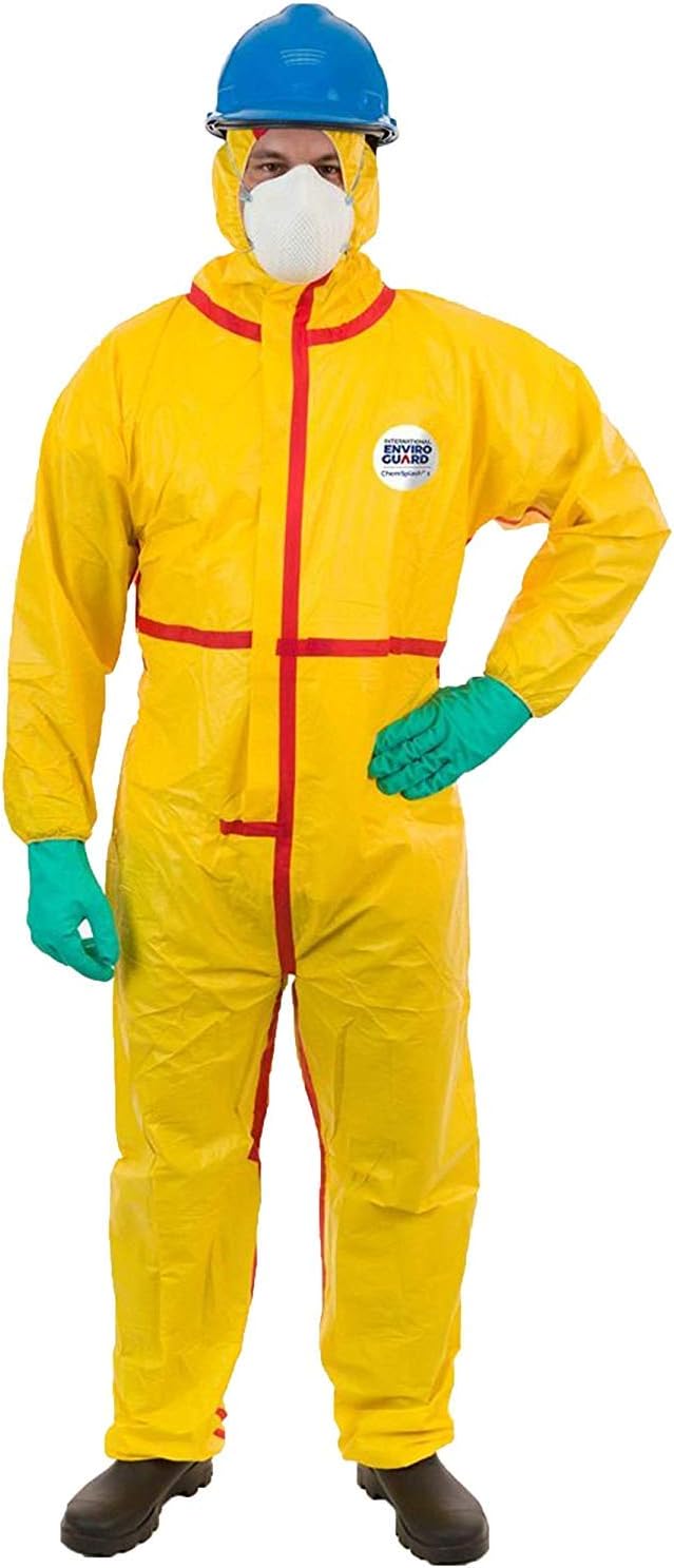 CHEMSPLASH International Enviroguard 1 Chemical Splash Taped Seams Protection Suit (Yellow) for Hazmat, and Paint Hood Elastic Wrist & Ankle (M, Case of 6)
