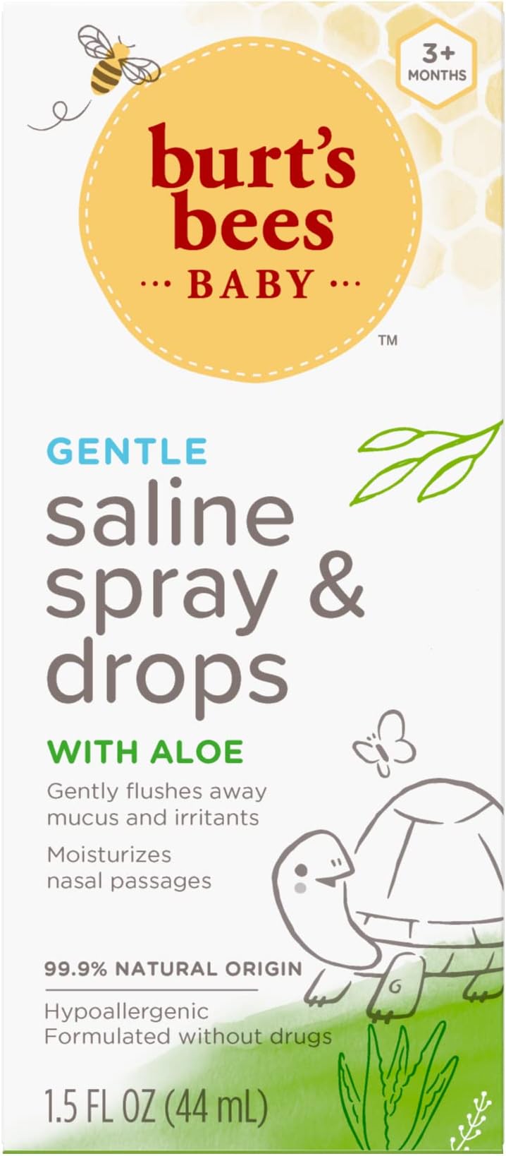 Burt's Bees Baby Saline Spray and Drops, Hypoallergenic, Moisturizing, Flushes Away Mucus for Ages 3 Months and Up, White, 1.5 Fl Oz