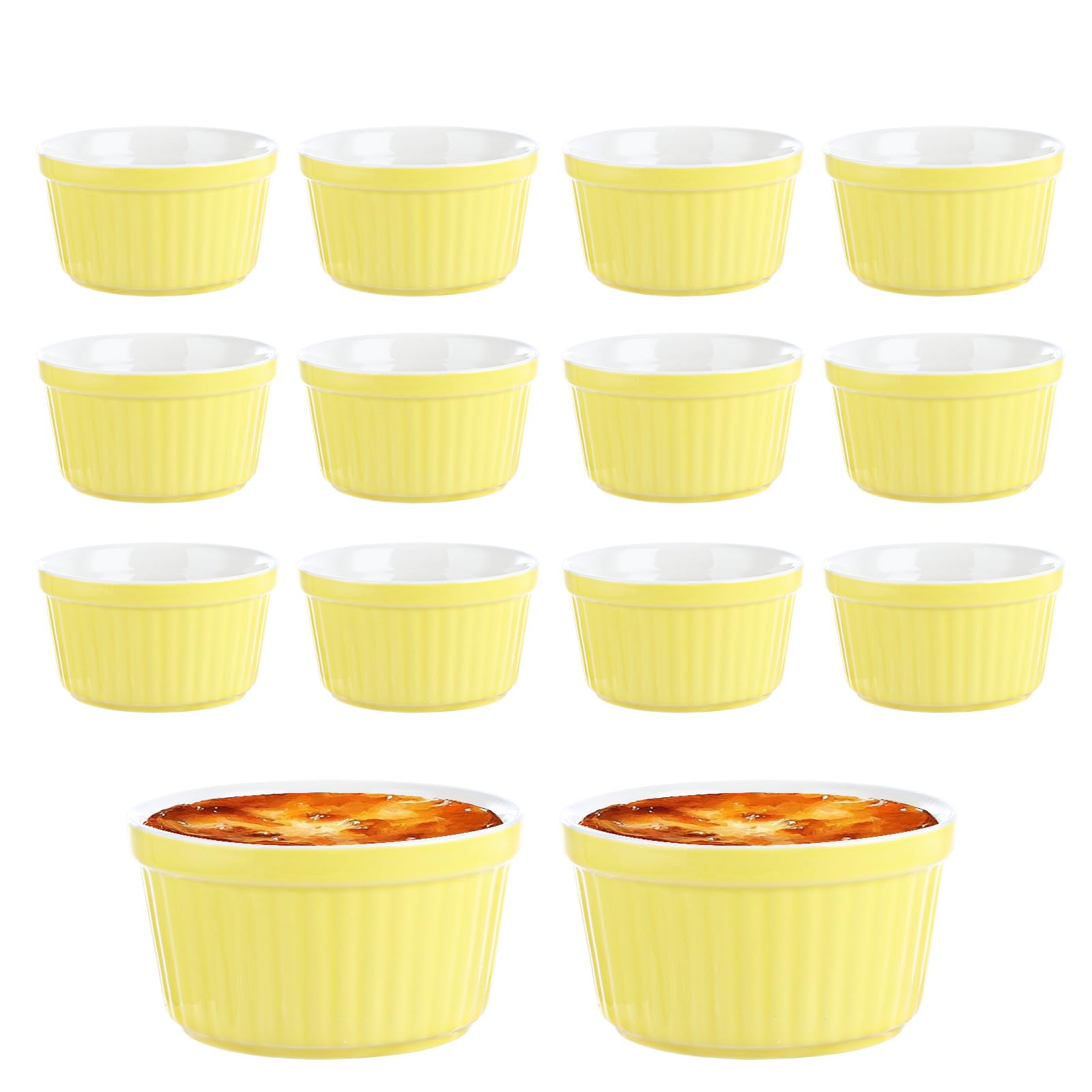 Lot de 12 ramequins en porcelaine jaune à rayures pour soufflé, confitures, cupcakes, crème pâtissière, pudding, muffins, crème glacée – 9 x 5 cm