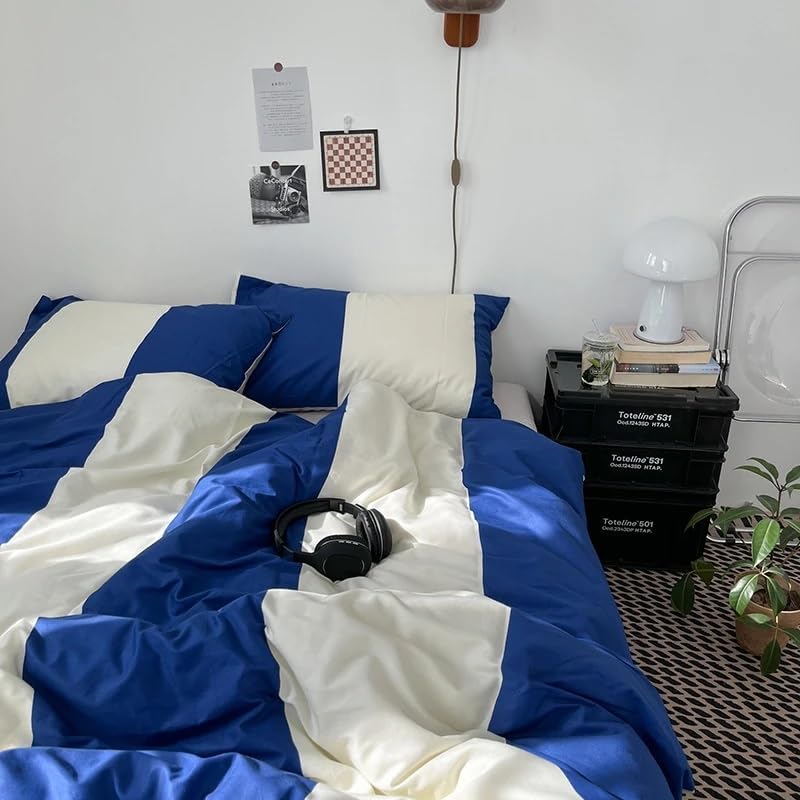 QuKan Bed, 100% Cotton Bedding Sets Blue White Plaid Duvet Cover Flat Sheet Pillowcase Twin Queen Size Bedlinen, MM-102