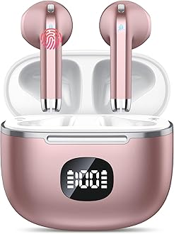 TIMU Wireless Earbuds, Bluetooth Headphones 5.3, 50H Playtime LED Display Deep Bass Ear Buds with 4 ENC Noise Cancelling Mic, IP7 Waterproof in-Ear Earphones for Phone Tablet Laptop Sports（Rose Gold）