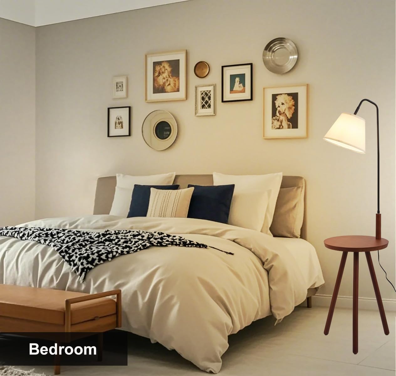 Fiqevs Wood Tripod Floor Lamp with Shelf & LED Bulbs, Mid-Century Modern Standing Lamp with Wooden Shelf & Linen Shade for Living Room, Bedroom, Office