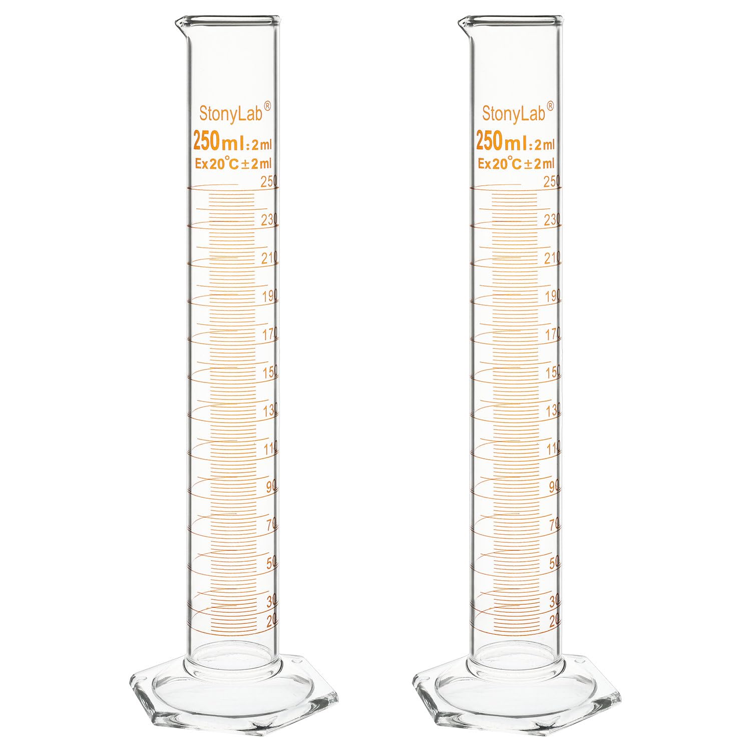 Cilindro Graduado de Vidrio de Borosilicato 250 ml, Paquete de 2 con Base Hexagonal