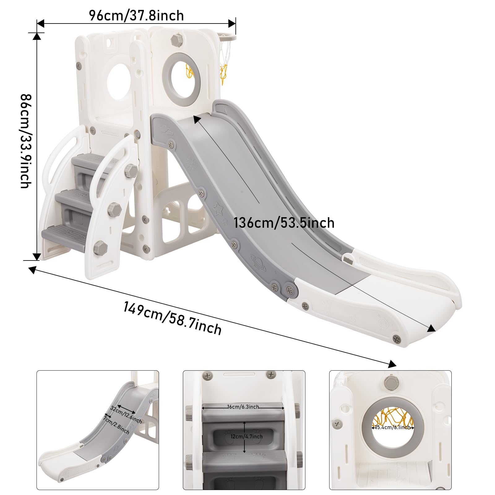 HLC Kinder-Rutsche mit Rutsche 140 cm und Basketballkorb, Kinderspielplatz-Stil, Beige, für Kinder von 1 bis 3 Jahren