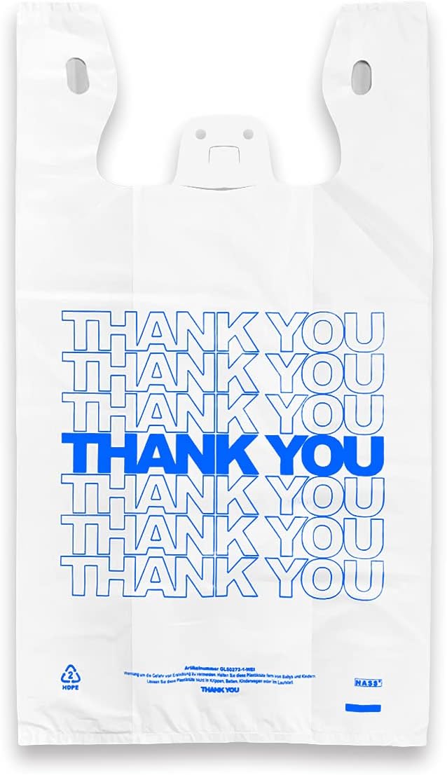 Blue Thank You T-Shirt Bags, 22X12+7 Inches, 17MIC, 0.67MIL, 440Pcs/Cs