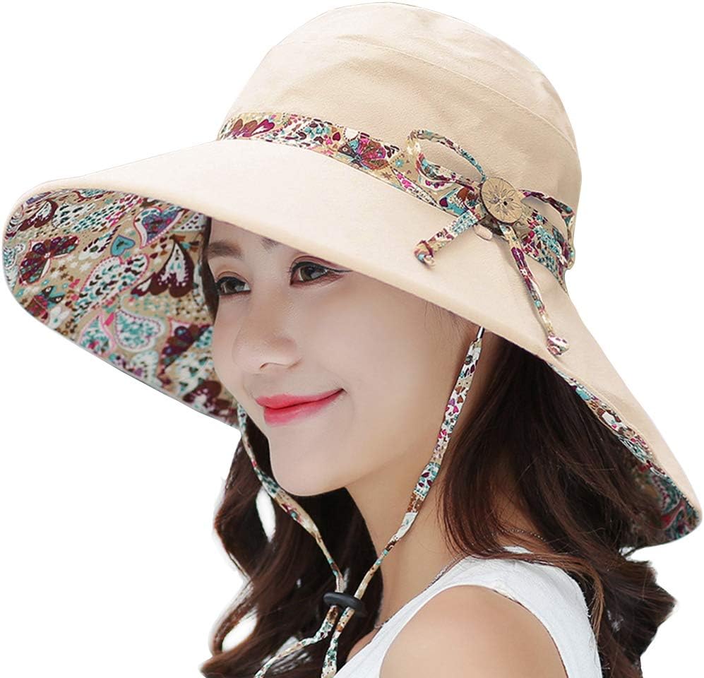 UV Protection Cotton Sun Hats Summer UPF 50+ Sun Shade Flap Cover Cap with Neck Cover Cord for Womens Girls