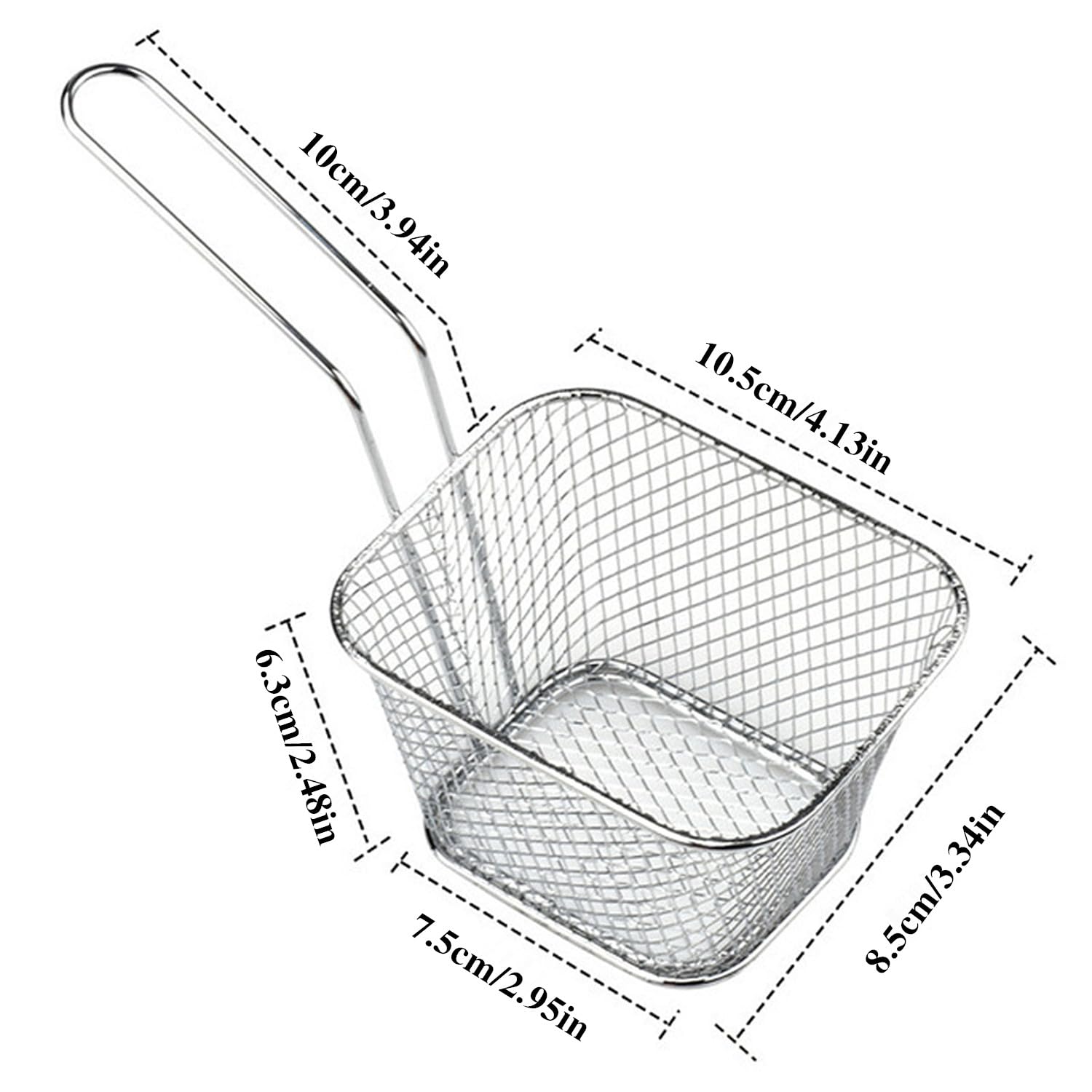 10 mini cestas cuadradas para freír, rejilla freidora, cesta de acero inoxidable con mango largo para patatas fritas para cocina, restaurante, fiesta, barbacoa, 4.1 x 3.3 x 2.5 pulgadas.