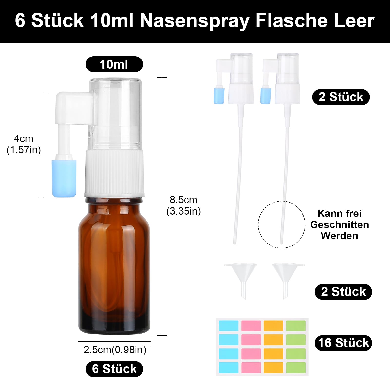 Butelka z rozpylaczem do nosa, 6 sztuk, pusta, szklana butelka z rozpylaczem, 30 ml, spray do nosa z rozpylaczem, wielokrotnego użytku, z głowicą natryskową, lejkiem, etykietami