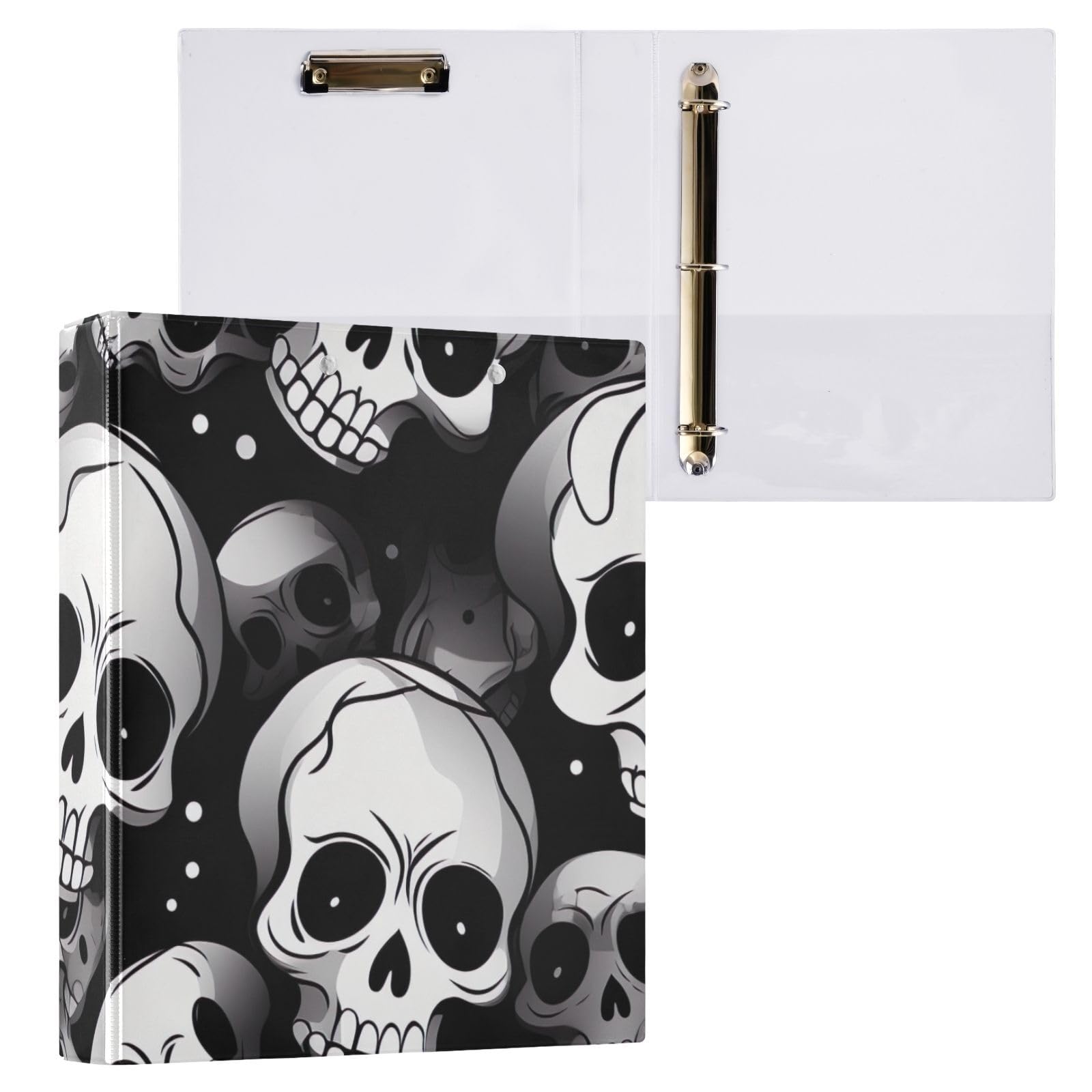 Raccoglitore a 3 anelli con teschio bianco e nero, flessibile con tasche, 3 raccoglitori ad anelli per scuola, università, ufficio