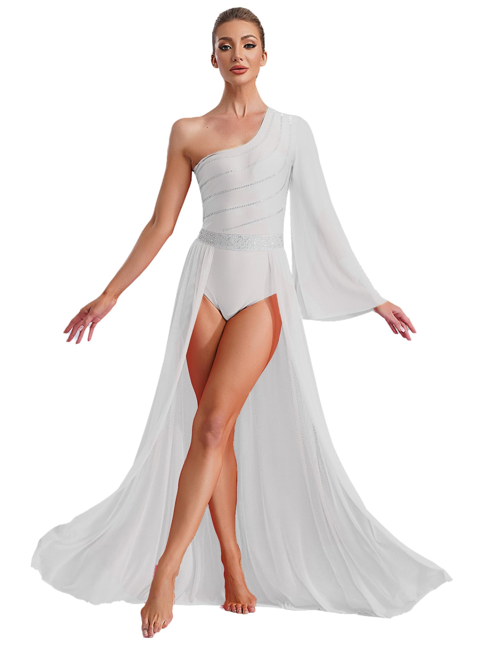 Robe Danse Latine Femme Asymétrique Avec Strass - Tenue Salsa, Rumba, Patinage, Dos Nu Et Paillettes