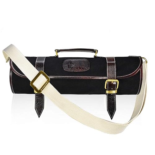 Boldric 9 Pocket Chef Knife Roll Bag With Shoulder Strap Professional Cotton Canvas Travel Carrier Case With Tool Organizer Slots For Knives Pens Pencils Spoons (Black)
