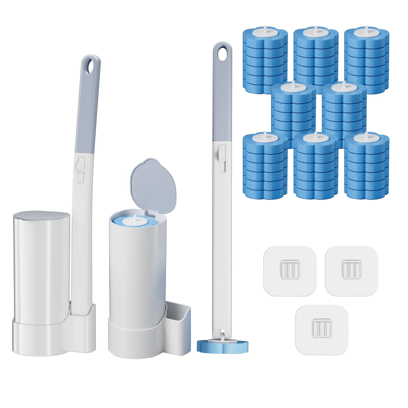 Hpcuales White & Grey 2 Pack Disposable Toilet Brush Wand And Holder With 48 Cleaner Refills, Disposable Toilet Cleaning System,Wall Mounted Toliet Stick Wand Starter Kit Bathroom Maintenance,Toilet Bowl Cleaner Holder