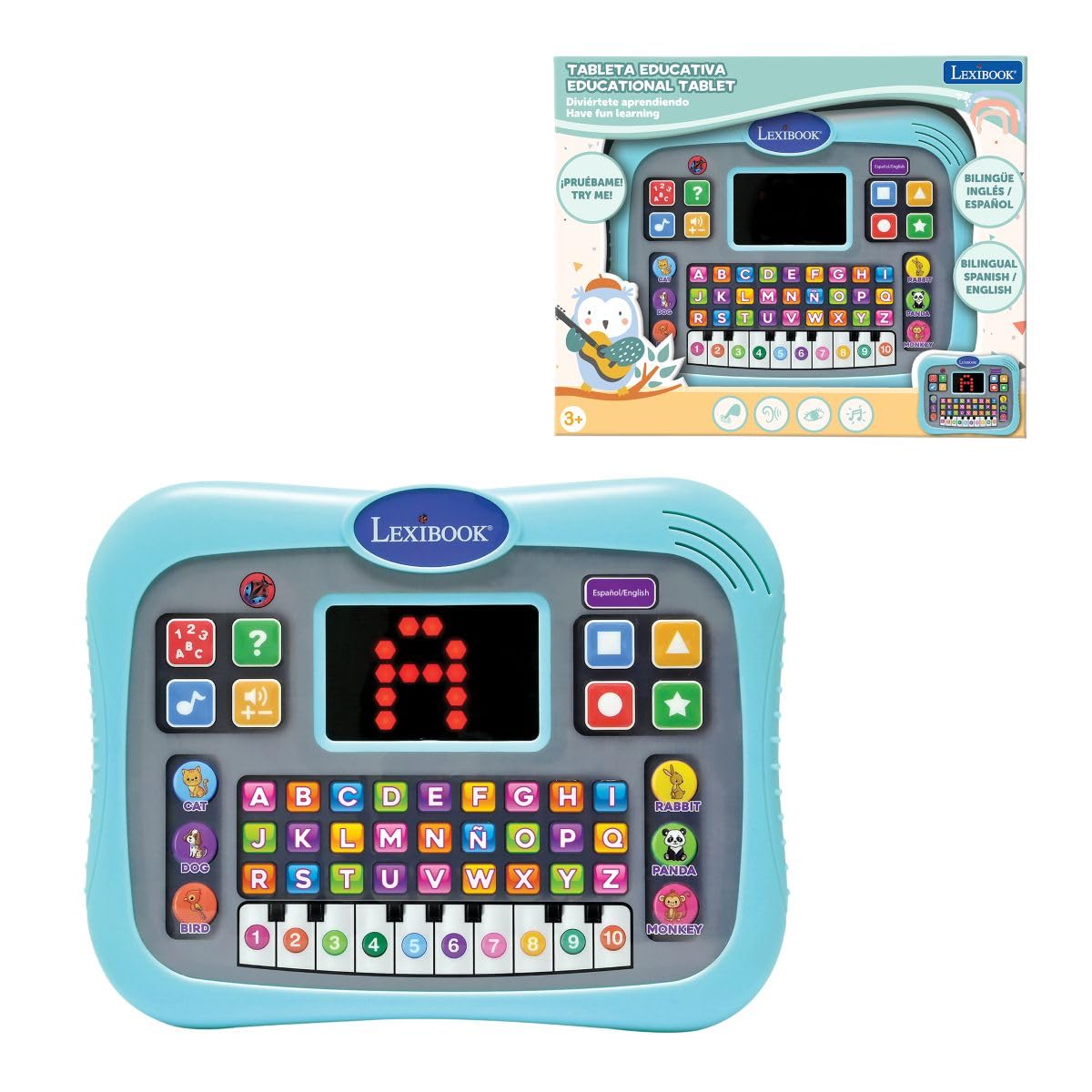 LEXIBOOK, Educational tablet, Bilingual ENGLISH/SPANISH, Talking tablet with screen to learn the alphabet, numbers and animals, Piano and interactive quiz modes, Blue, JCPAD007i2LXB