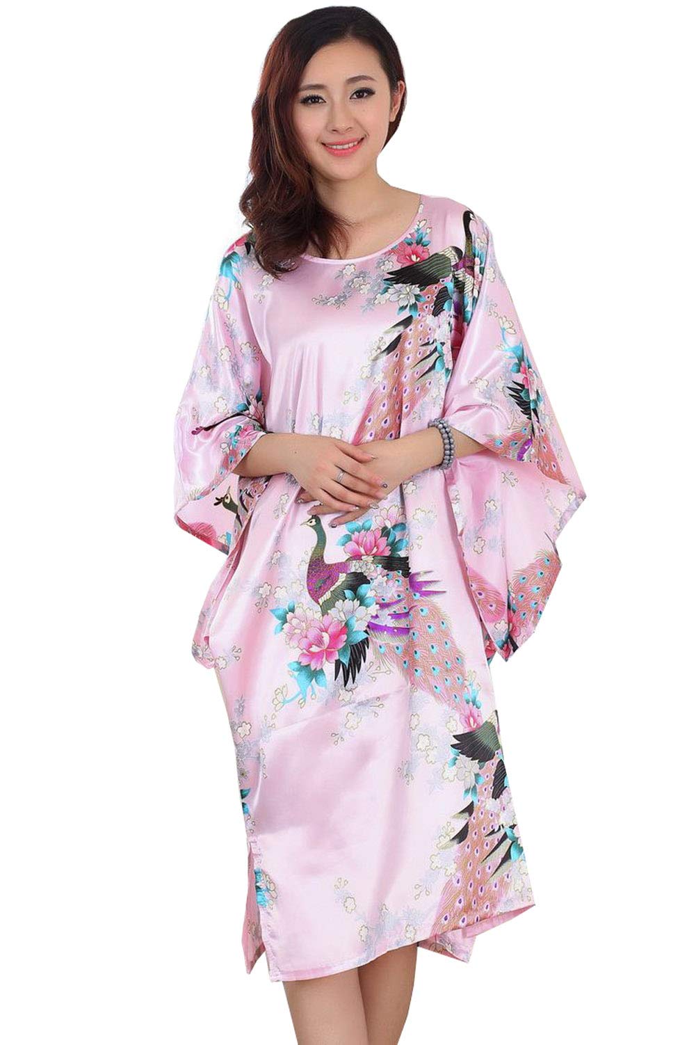 Xuexian Women's Pink Peacock Flower Printed Satin Nightgown Sleepwear Loose Pullover Bathrobe Kimono Dress Nightdress Homewear (Pink Peacock)