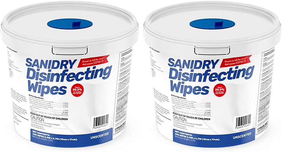 Rosmar SaniDry Disinfecting Wipes, 300 Count 2 Pack, EPA Approved, Unscented, White, Nonabrasive, Multi-Surface Cleaning Wipes, for Use in Health Facilities, Schools, Industrial, Household…