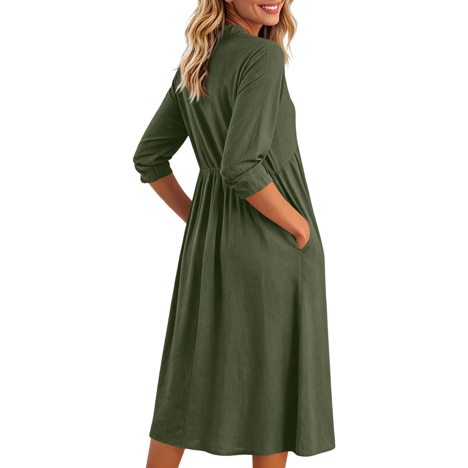 Robe De Soiree Femme, Robes Midi Fluide en Lin Uni pour Femmes Élégante Col V Manches 3/4 avec Poche Été Robe Blanche Femme Chic Et Elegant