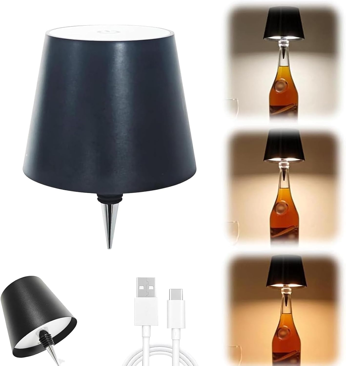 Wireless Bottle Lamp, 2024 New LED Wine Bottle Lamp, 3 Color Wireless Bottle Table Lamp,Cute Embed Touch Control Portable Rechargeable Desk Lamp for Living/Bedroom/Restaurant/Bar (Black)