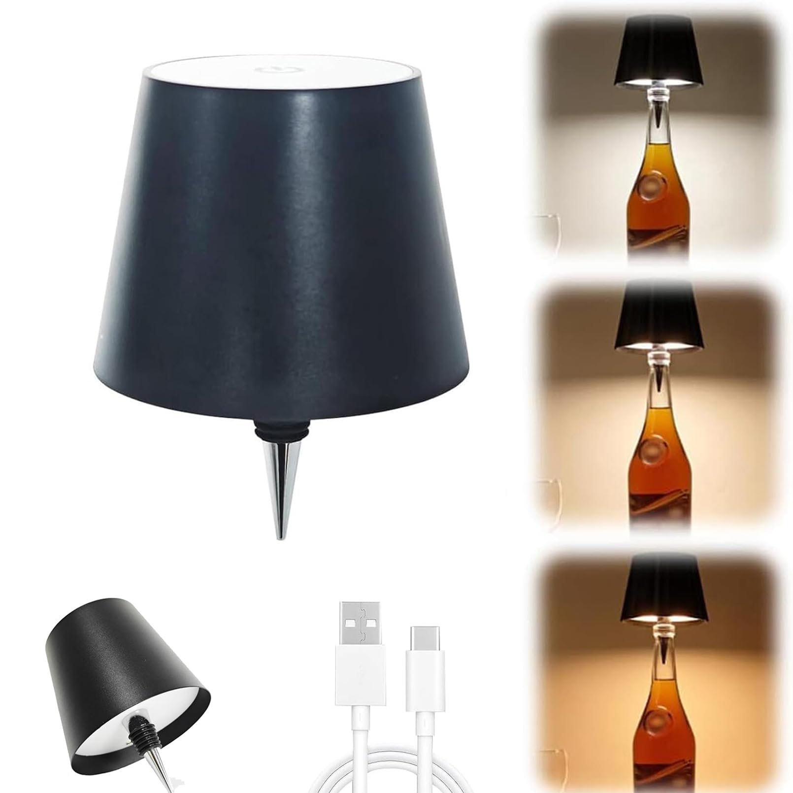 Wireless Bottle Lamp, 2024 New LED Wine Bottle Lamp, 3 Color Wireless Table Lamps,Cute Embed Touch Control Portable Rechargeable Desk Light for Living/Bedroom/Restaurant/Bar (Black)