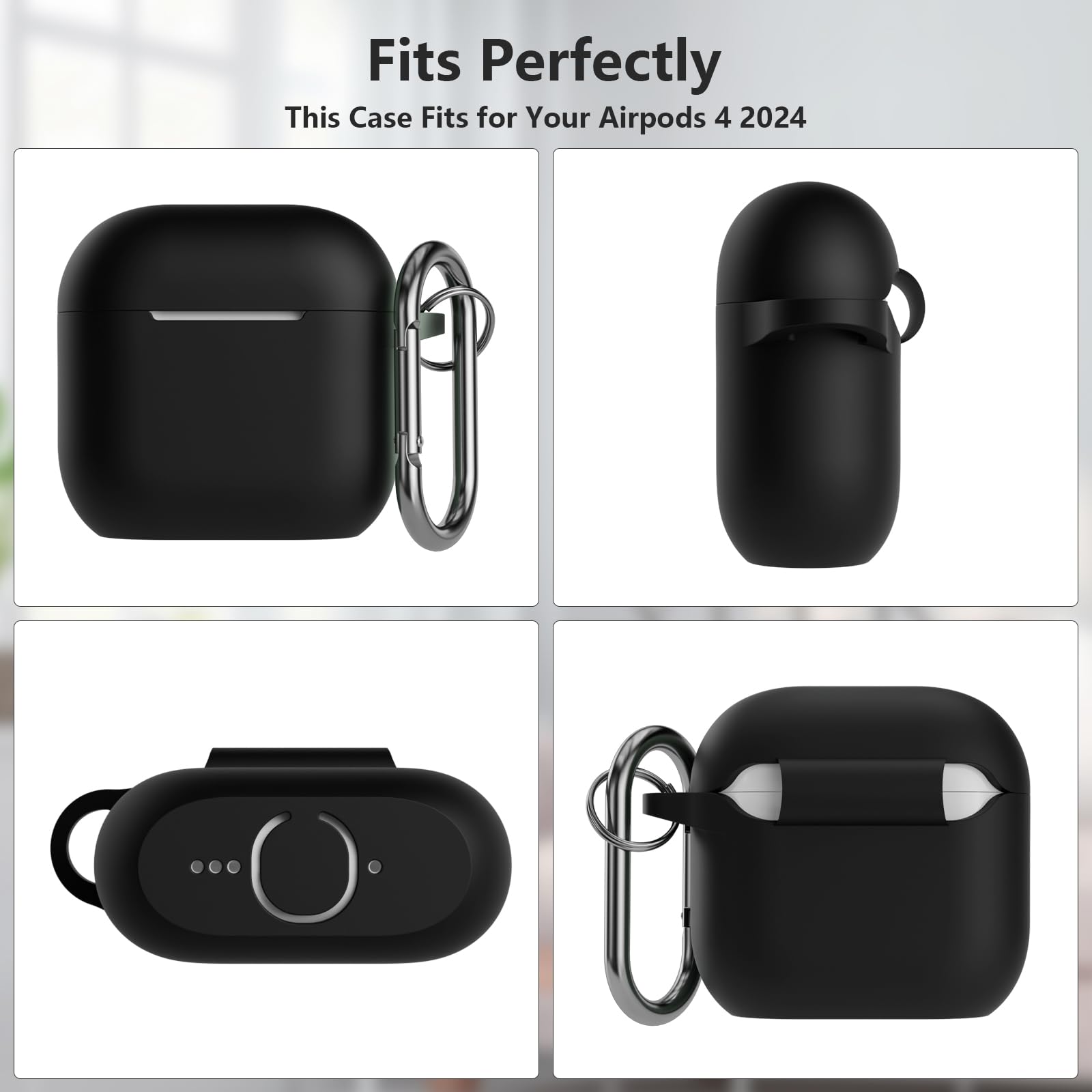 Coque Étui Compatible avec AirPods 4ᵉ Génération avec Kit de Nettoyage, Housse en Silicone Etui de Protection pour AirPods 4 2024 avec Mousqueton, Témoin LED Visible, Noir