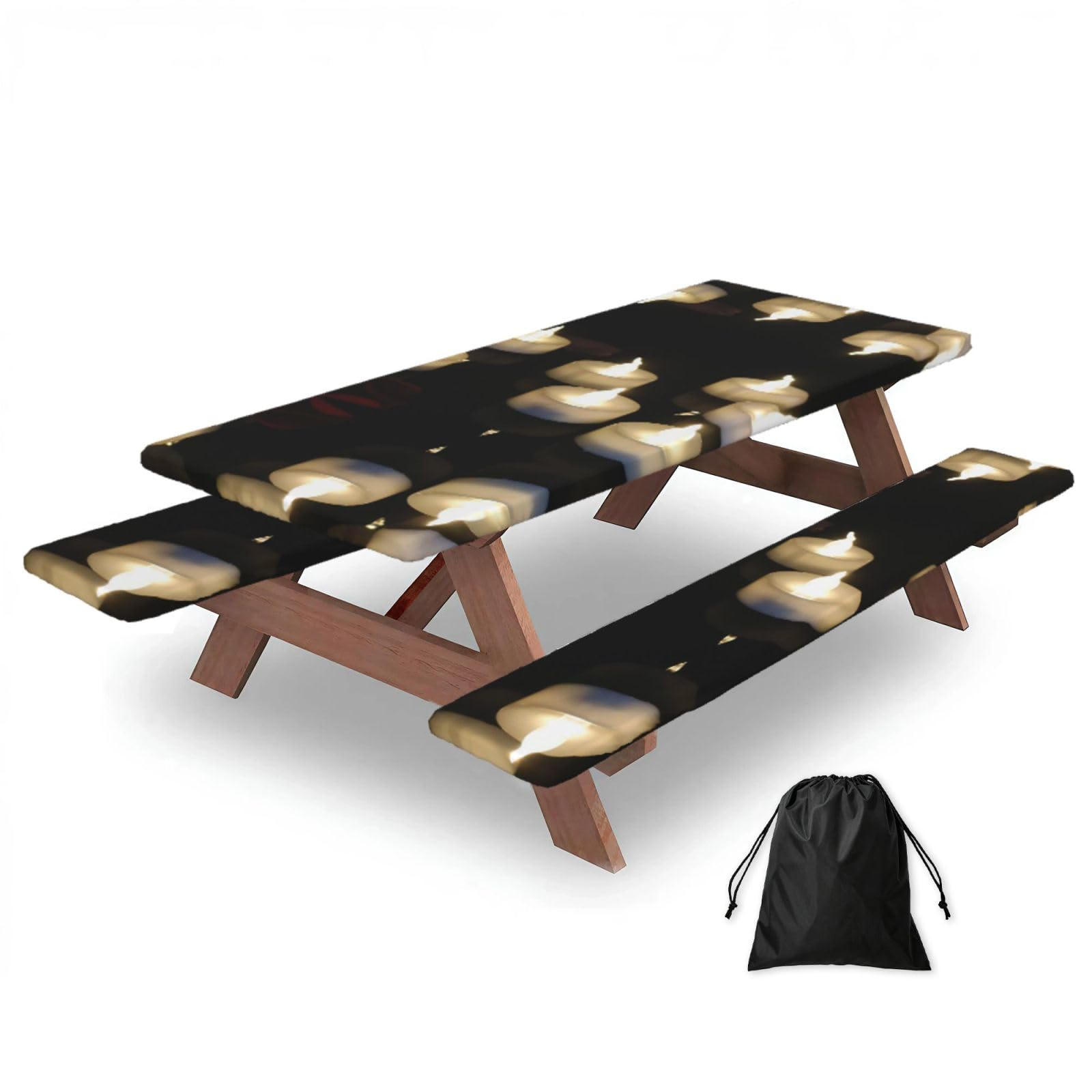 EZDLOWVBA Candle Print Picnic Table Cover With Bench Covers Waterproof Fitted Picnic Table Outdoor Elastic Picnic Tablecloth Outdoor Camping Essentials(3pcs)