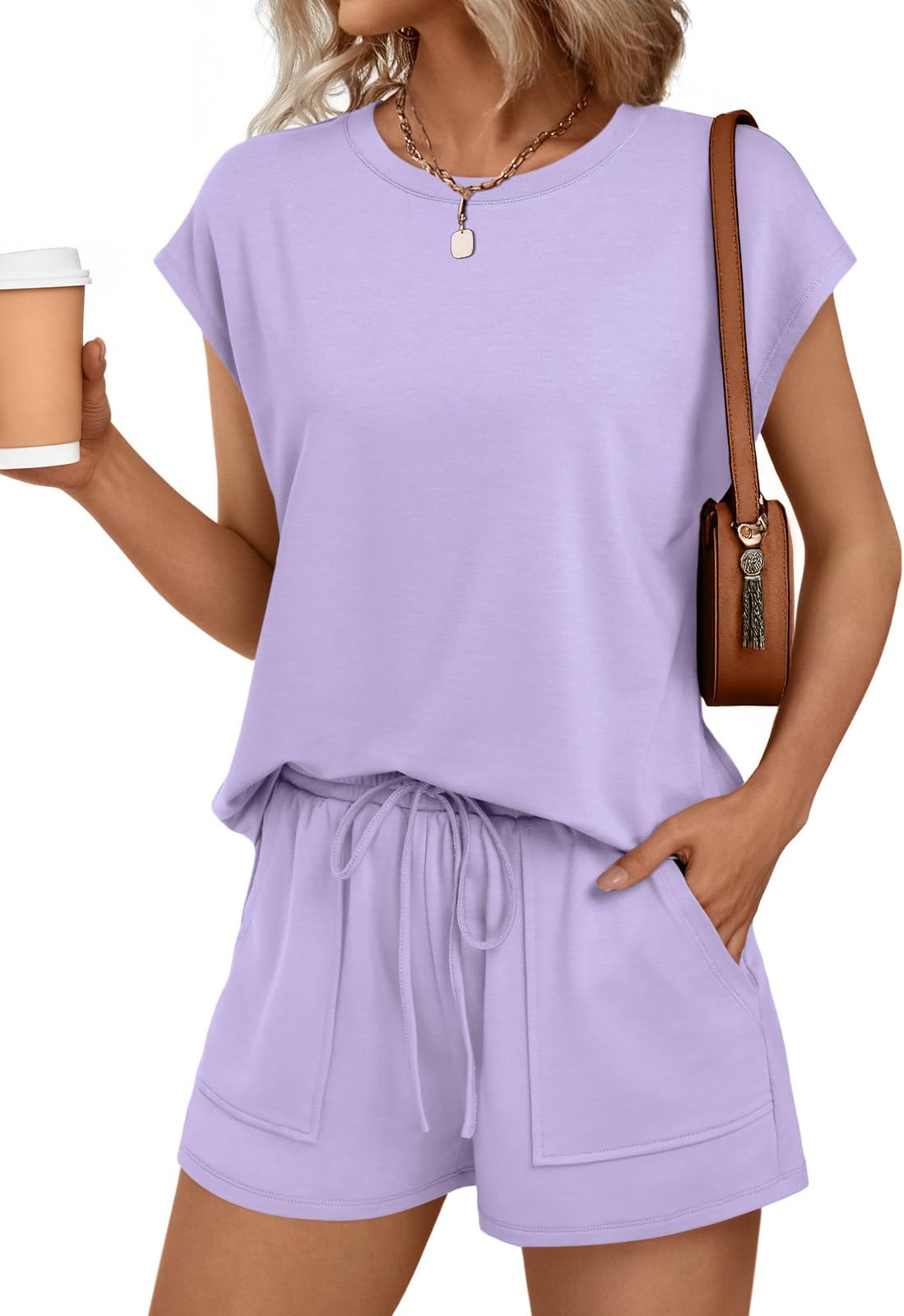 AUTOMET Womens Crew Neck Two Piece Short Sets Cap Sleeve Drawstring Summer Sweatsuit with Pocket