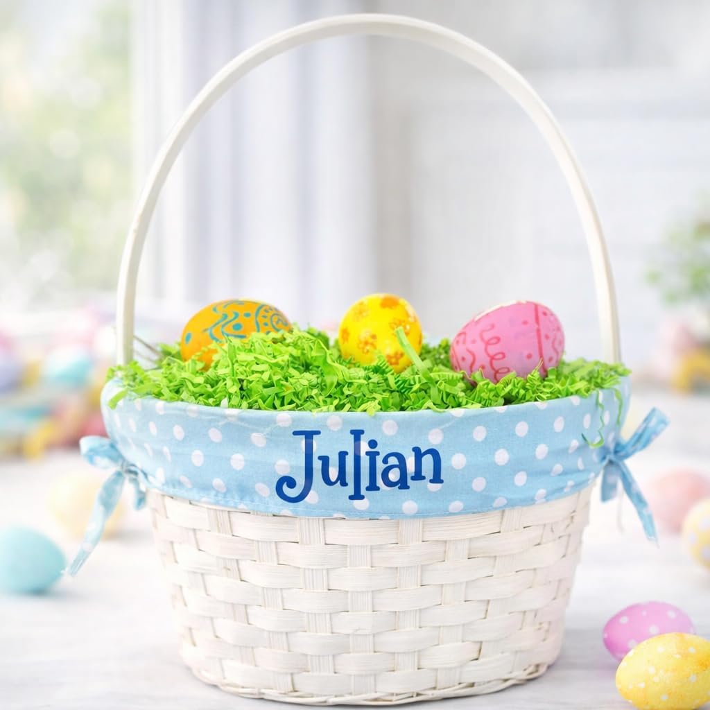 Easter Baskets for Boys Wooden Basket and Liner for Easter Egg Hunt and Spring Holiday Decoration Personalized with Custom Name of Your Choice (Blue with Dots)